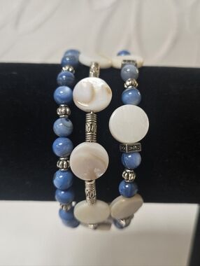"Bree" Handcrafted Blue Apatite And Mother Of Pearl Beaded Wrap Bracelet 17